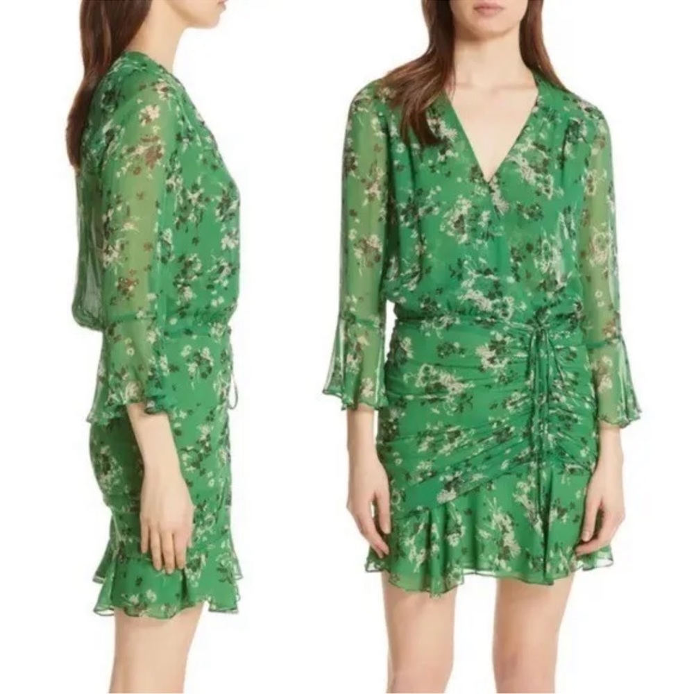 Veronica Beard Sean Floral-print Silk Dress Green Multi Ruched Bell Sleeves 8 - Picture 1 of 15